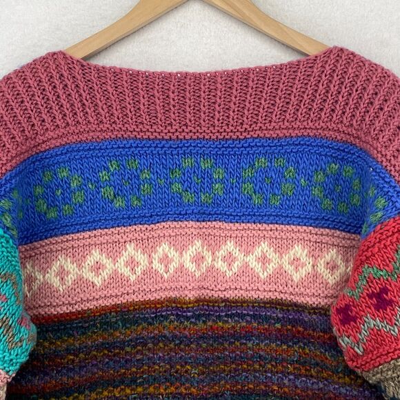 HAND KNIT Sweater Womens M Nordic Striped Jacquard Chunky Jumper Boxy Pink Blue - Picture 4 of 14